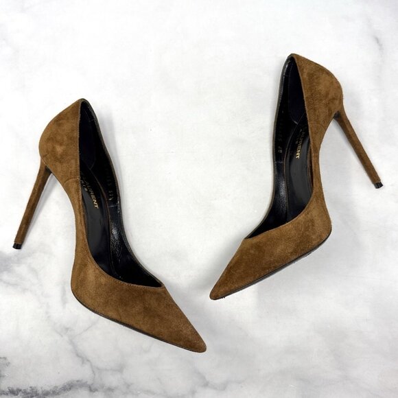 Saint Laurent Zoe 105 Suede Pointed Toe Stiletto Heel Pump Brown - Picture 5 of 13